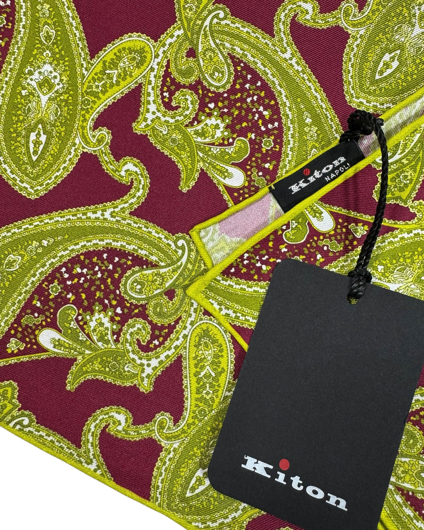 Kiton Silk Pocket Square Olive Maroon Paisley
