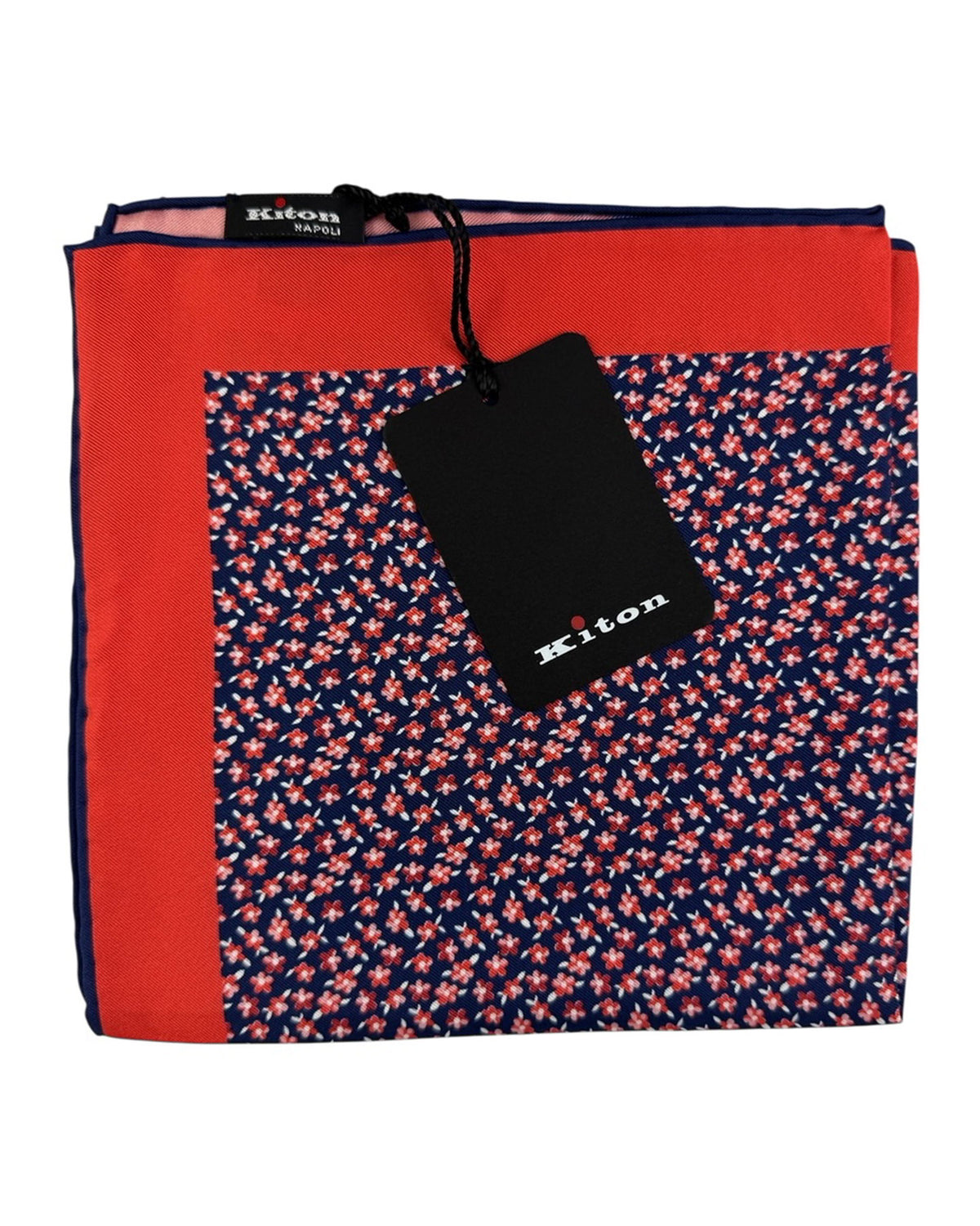 Kiton Silk Pocket Square Navy Pink Mini Flowers