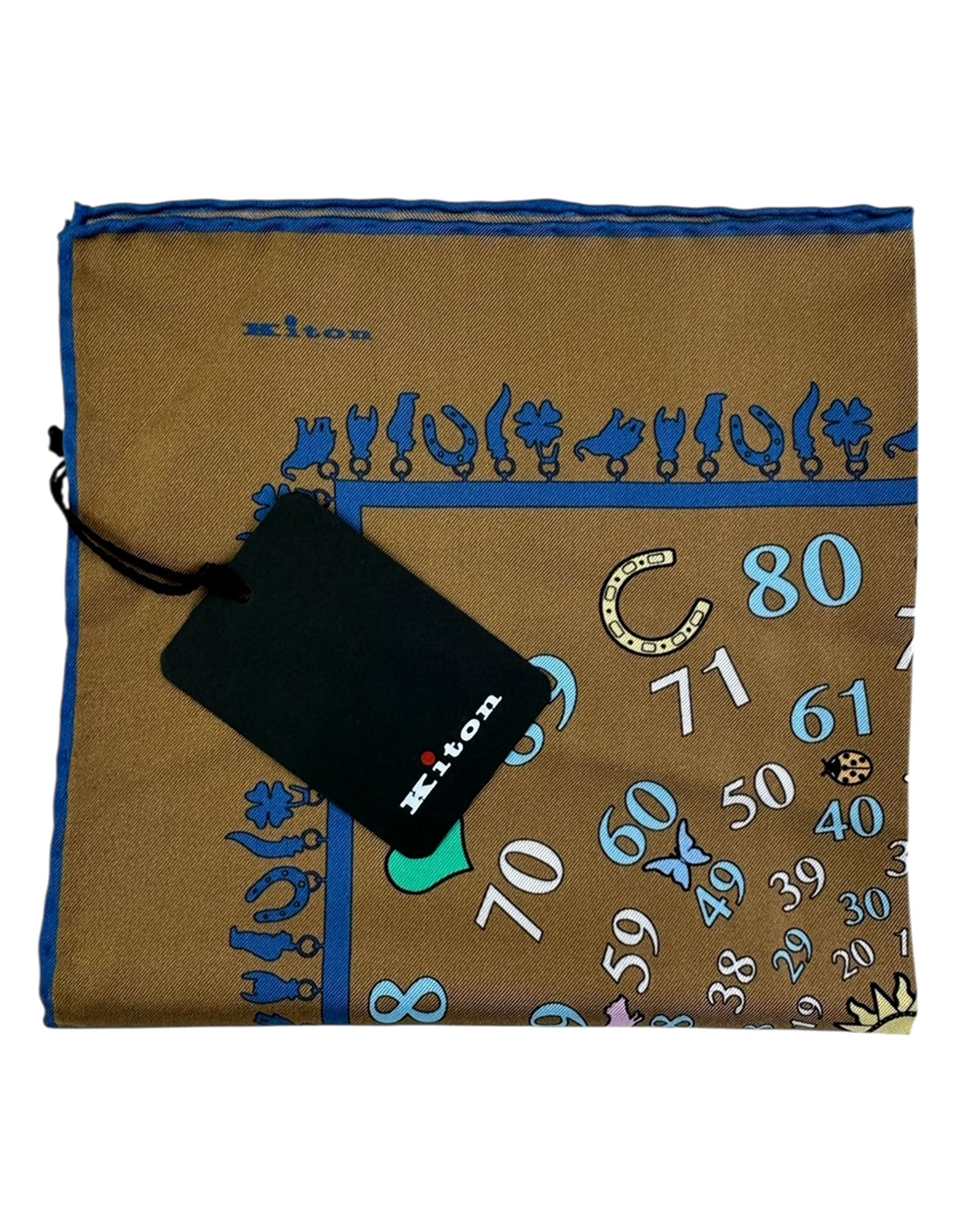 Kiton Silk Pocket Square Brown Number & Charms Novelty