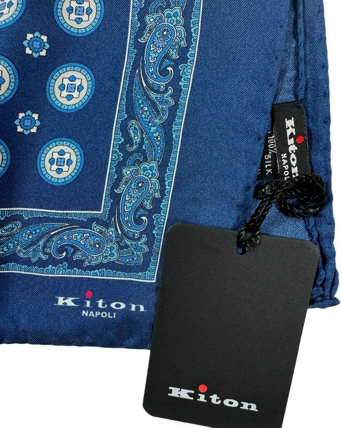 Kiton Silk Pocket Square Navy Blue Medallions