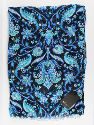 Kiton Scarf Dark Blue Turquoise Ornamental - Linen Shawl SALE