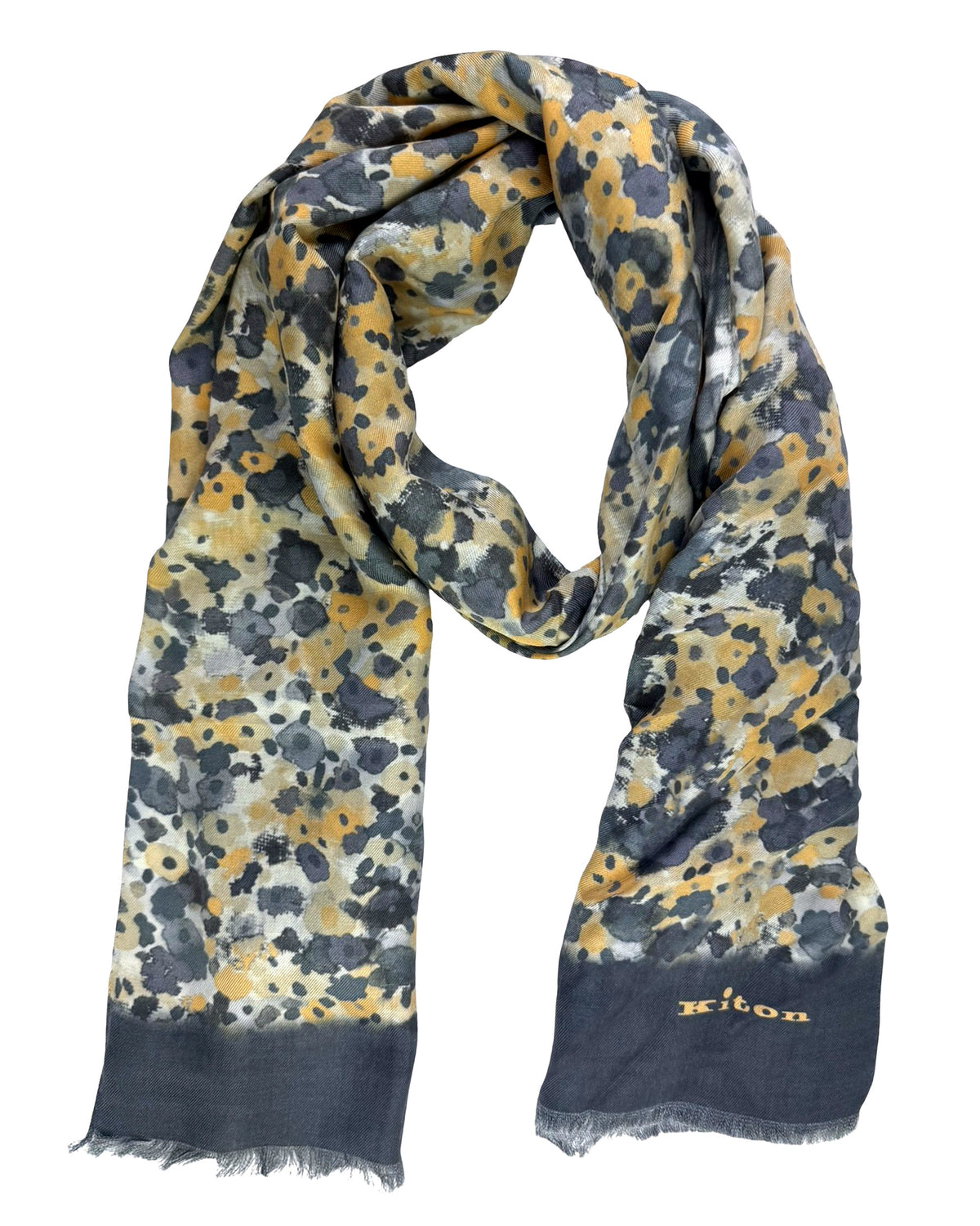 Kiton Scarf Gray Mustard Taupe Floral & Gray Reverse Design
