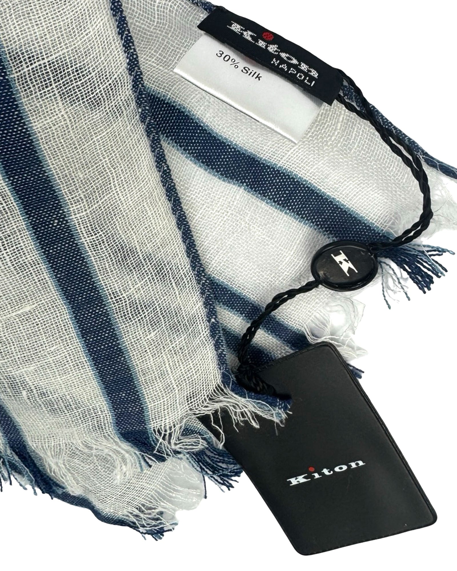 Kiton Scarf White Navy Stripes- Lightweight Linen Silk Shawl