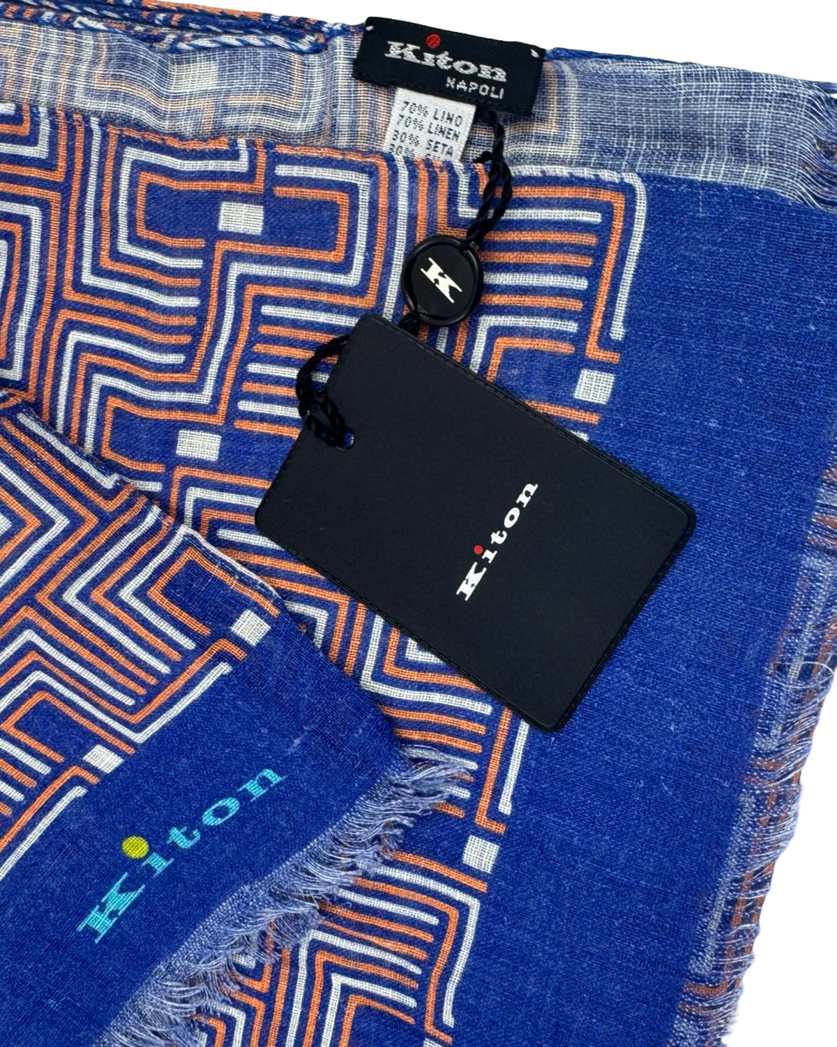 Kiton Scarf Blue Orange White Geometric Design - Lightweight Linen Silk Shawl
