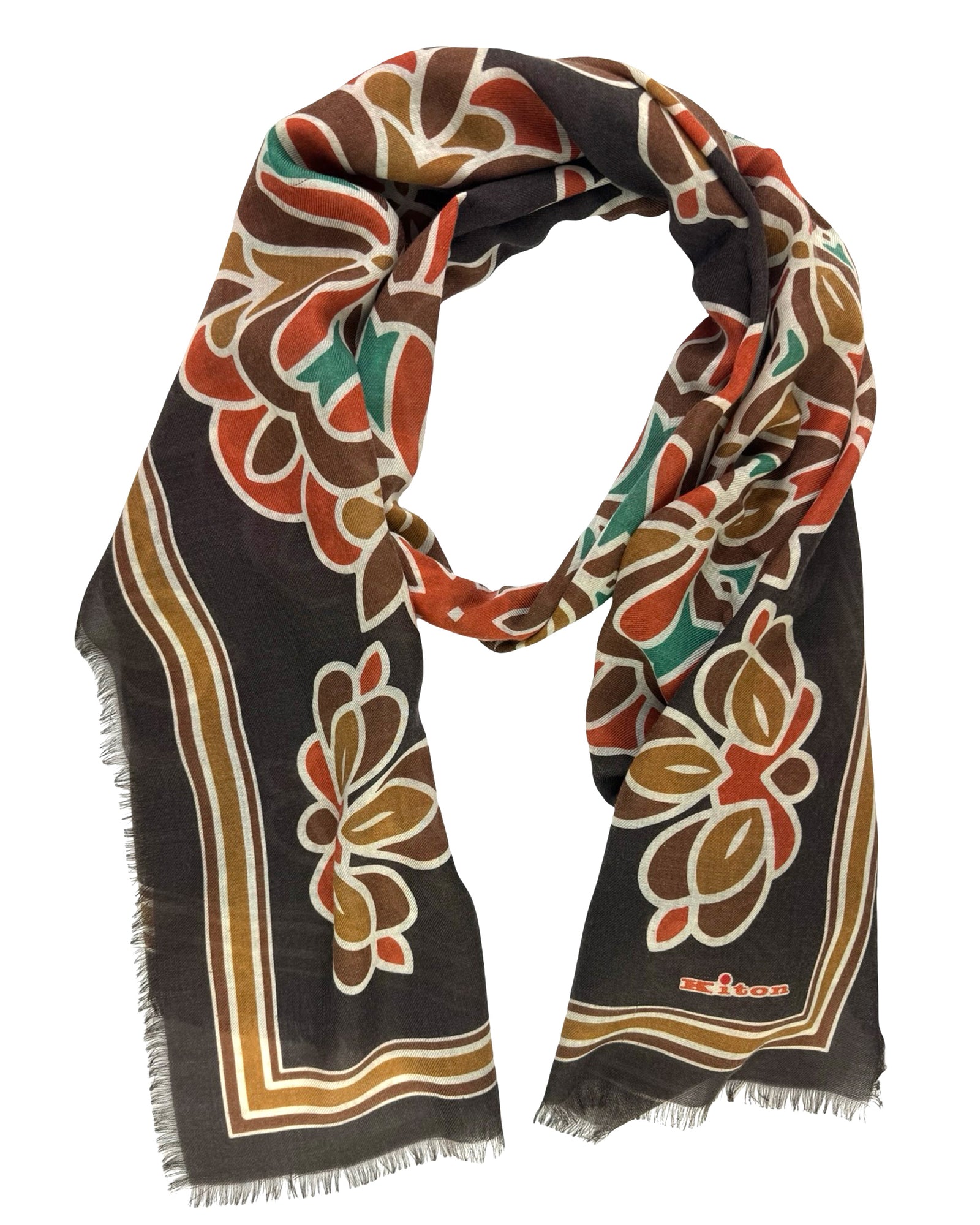 Kiton Cashmere Scarf Brown Floral