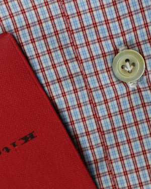 Kiton Dress Shirt White Red Sky Blue Check 42 - 16 1/2