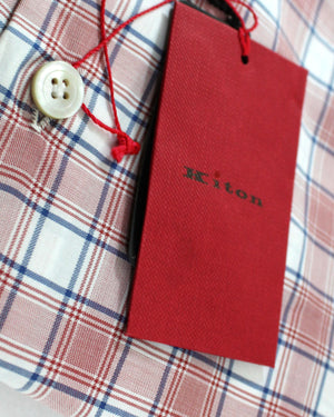 Kiton Shirt White Red Navy Check - Spread Collar 42 - 16 1/2 SALE