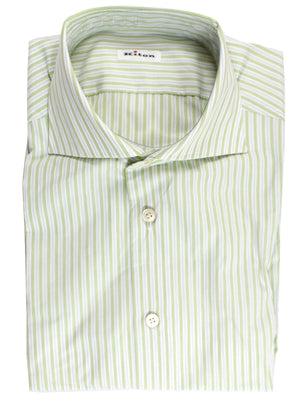 Kiton Dress Shirt White Green Stripes Spread Collar 