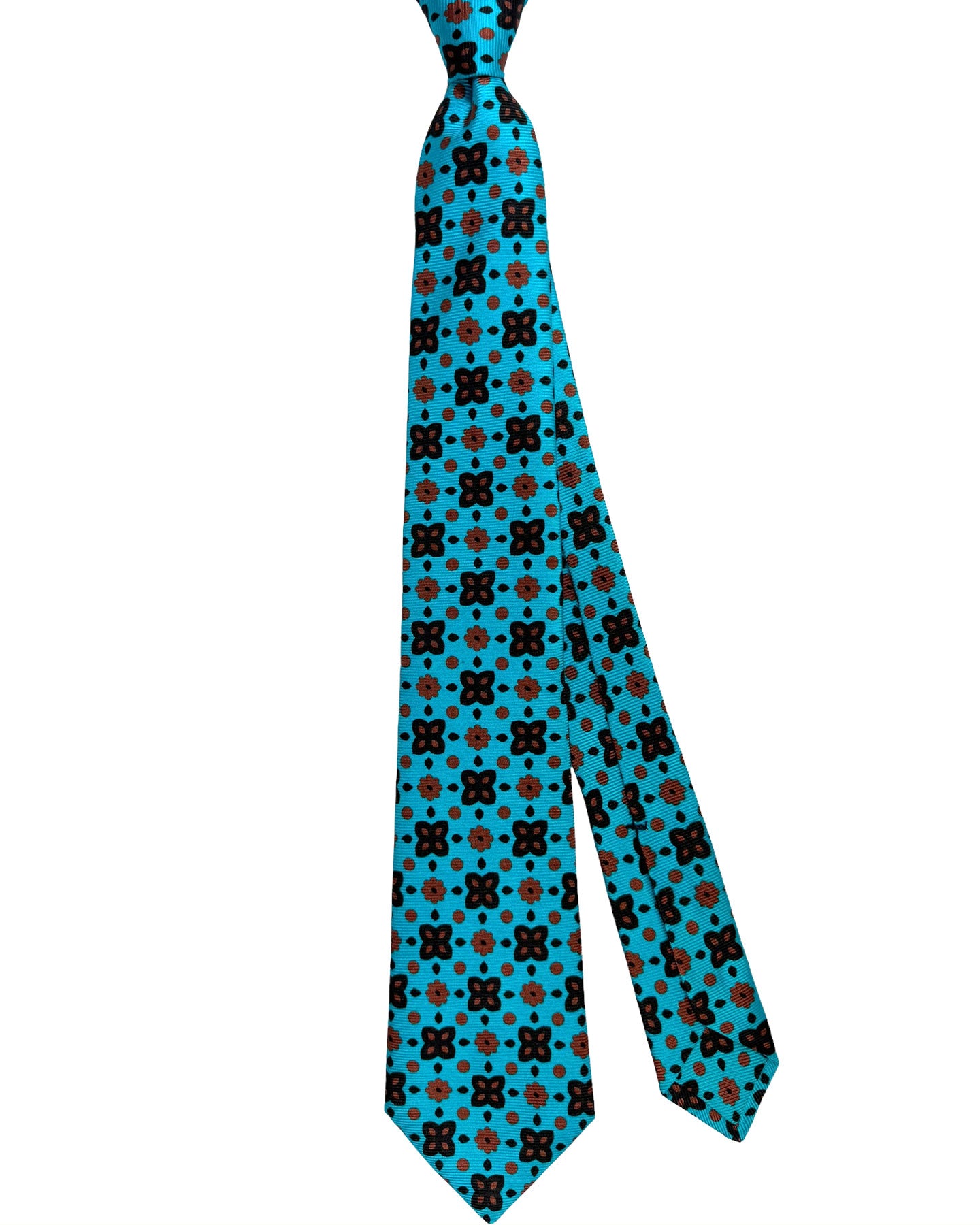 Kiton Silk Tie Aqua Brown Floral Design - Sevenfold Necktie