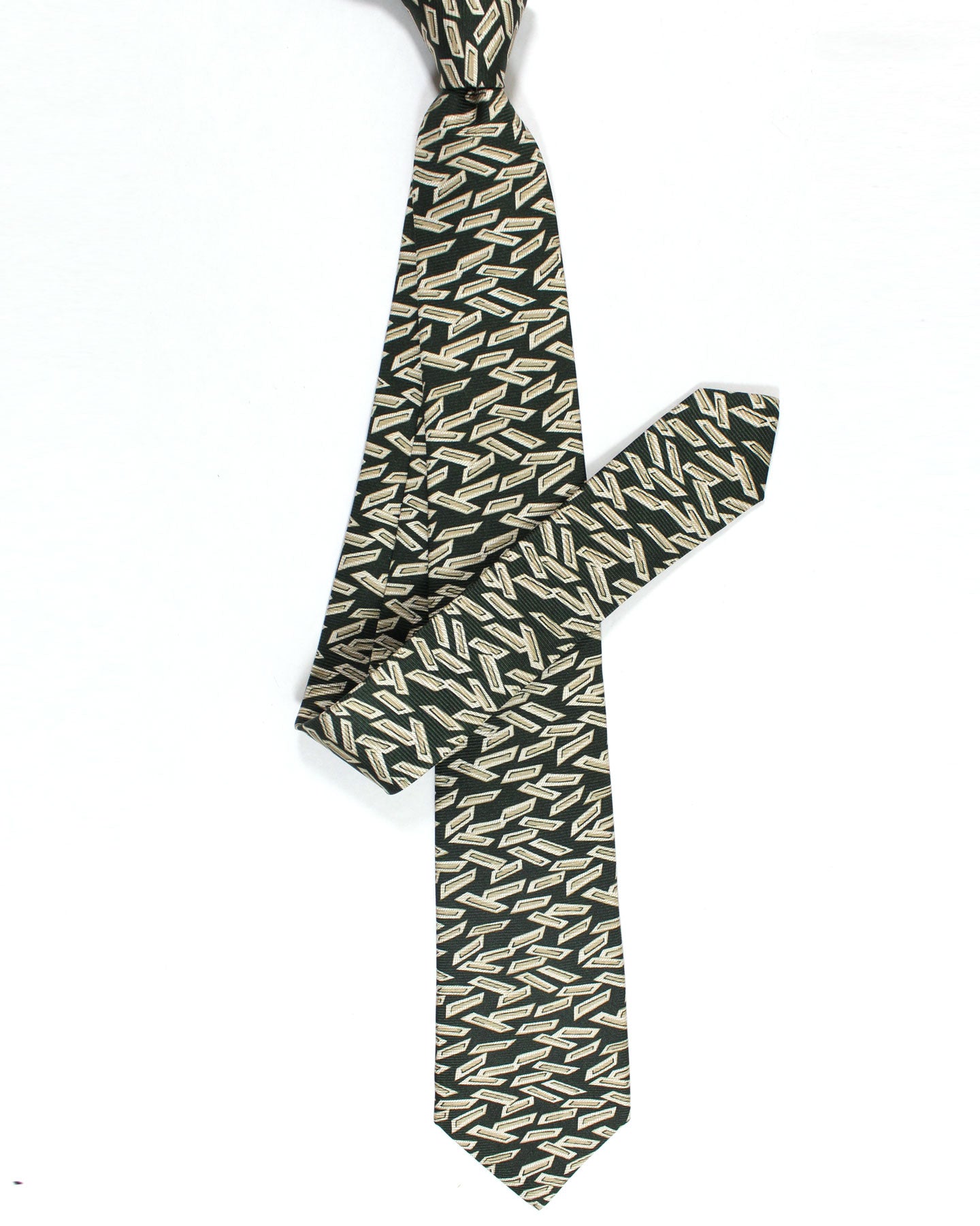 Kiton Silk Tie Dark Green Taupe Geometric Design - Sevenfold Necktie