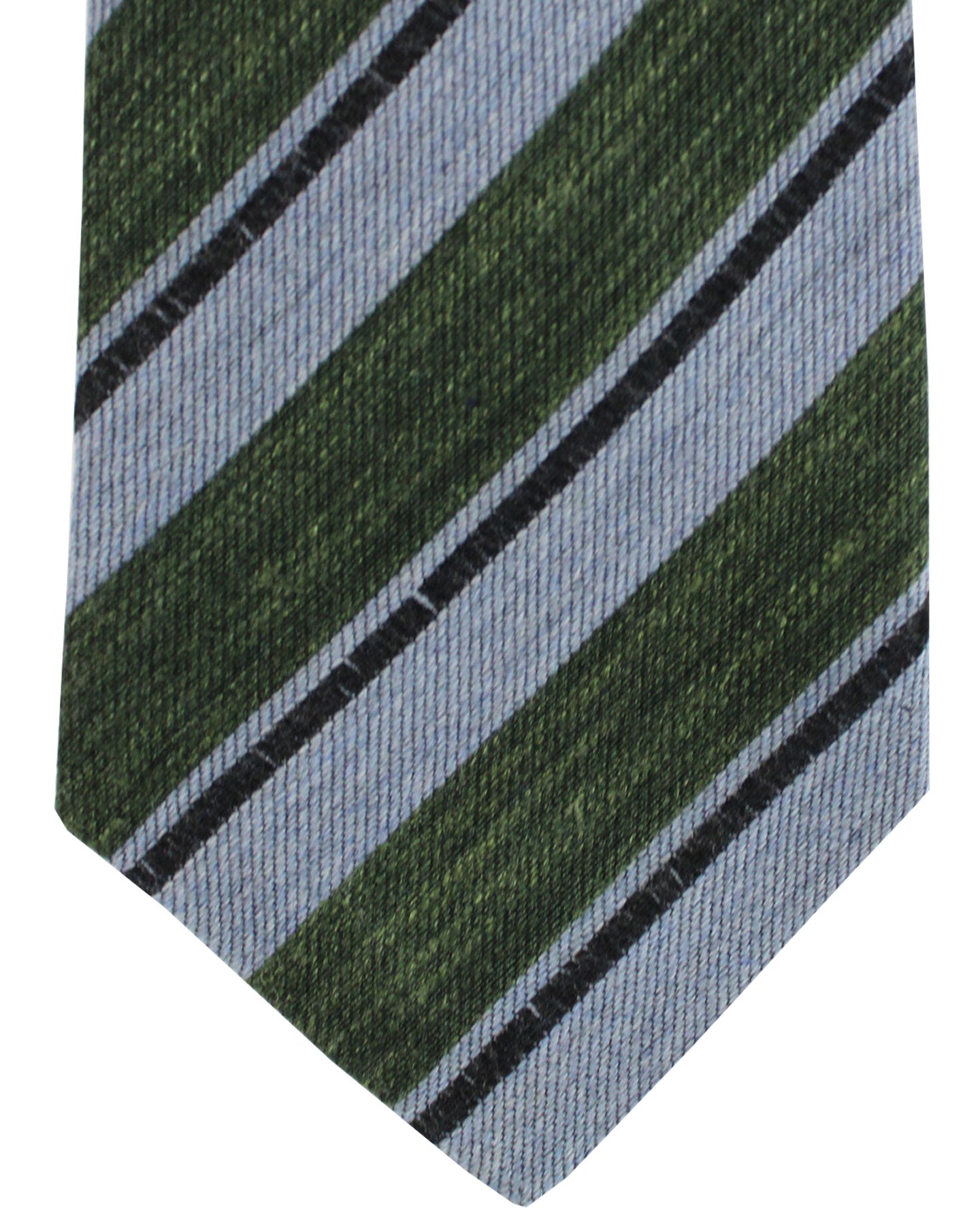 Kiton Wool Silk Linen Tie Blue Green Stripes Design - Sevenfold Necktie