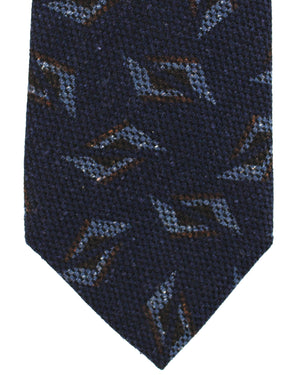 Kiton Wool Silk Tie Dark Blue Brown Geometric Design - Sevenfold Necktie