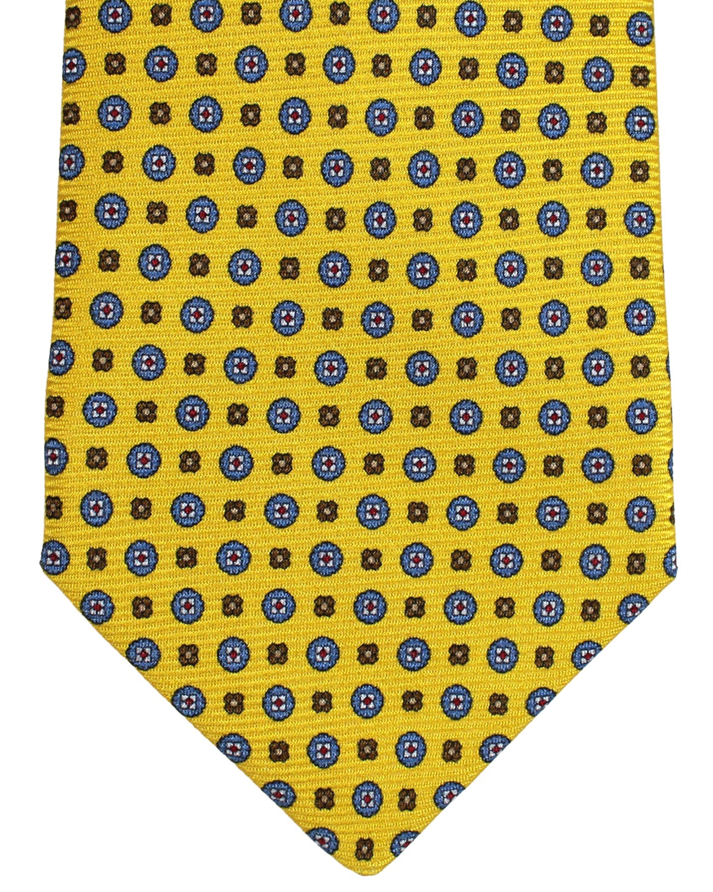 Kiton Silk Tie Mustard Yellow Blue Mini Medallions Design - Sevenfold Necktie