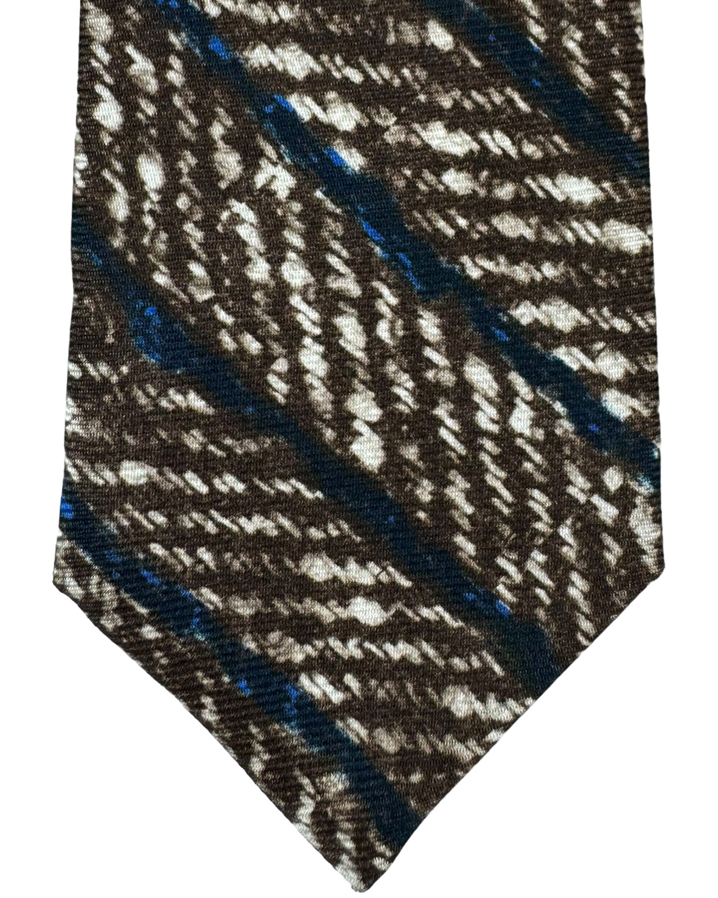 Kiton Silk Tie White Brown Dark Blue Herringbone Stripes Design - Sevenfold Necktie