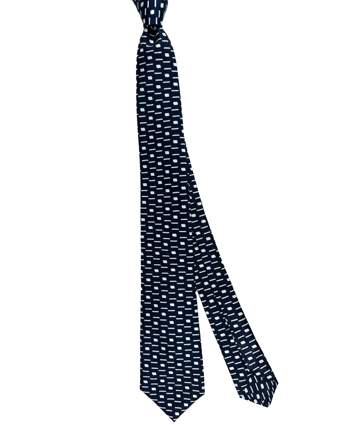 Kiton Tie Dark Blue White Geometric - Sevenfold Necktie