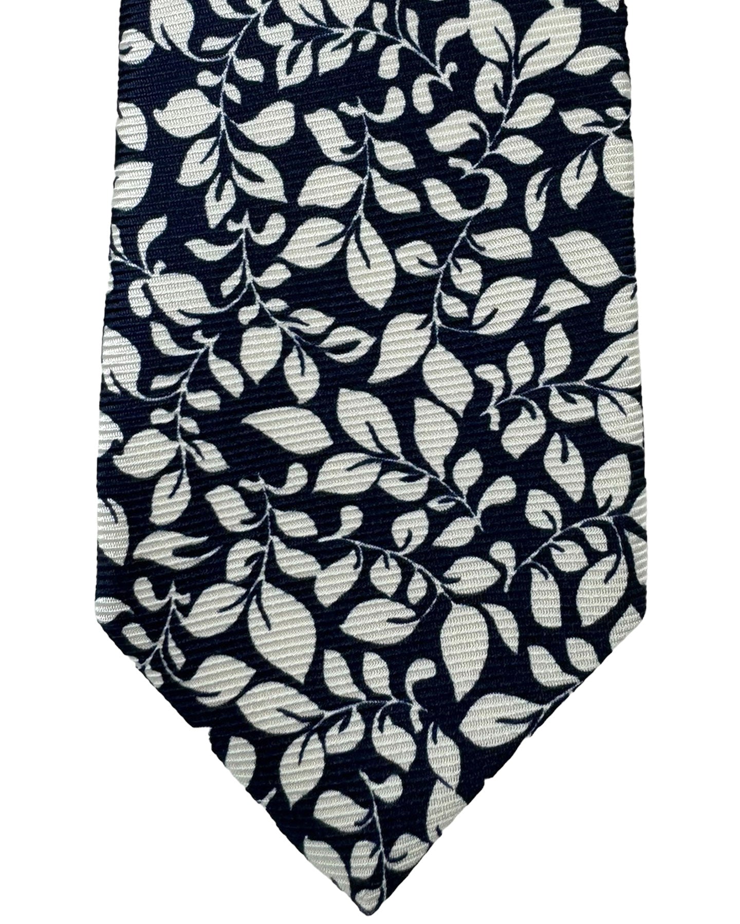 Kiton Tie Dark Blue White Leaves - Narrow Sevenfold Necktie