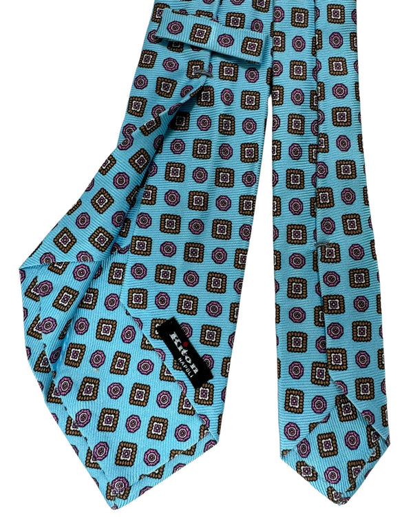 Cravate Kiton 100% Soie Sept Plis - Bleu à Motifs Paisley - Jamais Portée
