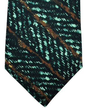 Kiton Silk Tie Dark Green Brown Herringbone & Stripes Design - Sevenfold Necktie