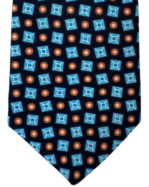 Kiton Silk Tie Dark Blue Orange Aqua Geometric Design - Sevenfold Necktie