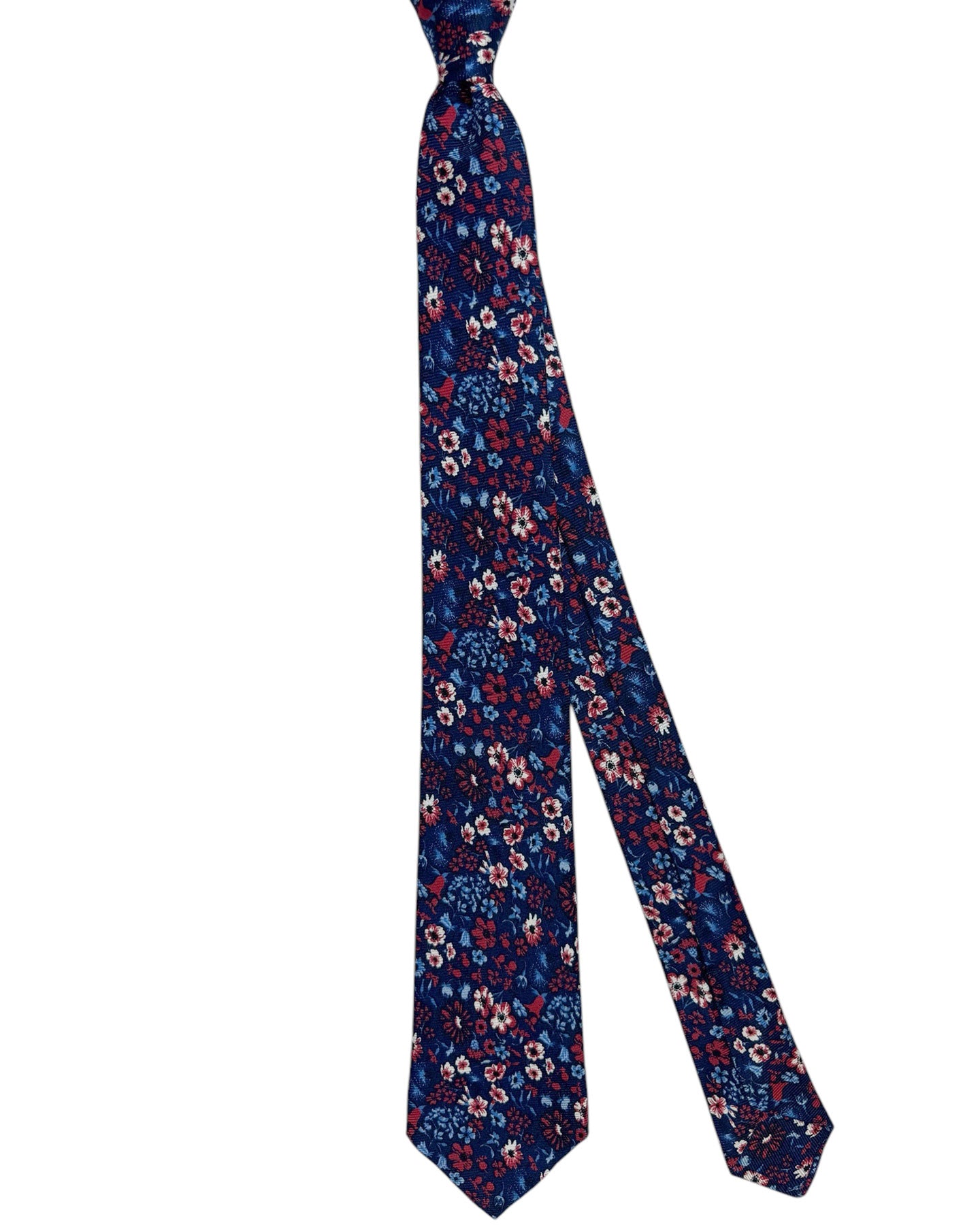 Kiton Silk Tie Dark Blue Red Floral Design - Sevenfold Necktie