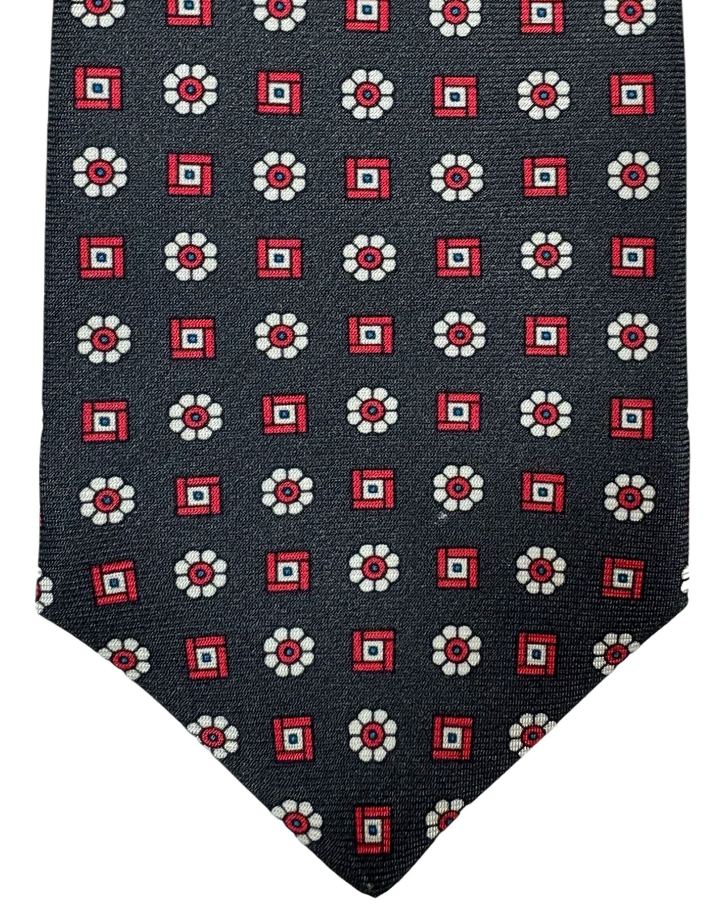 Kiton Silk Tie Dark Gray Red Floral Design - Sevenfold Necktie