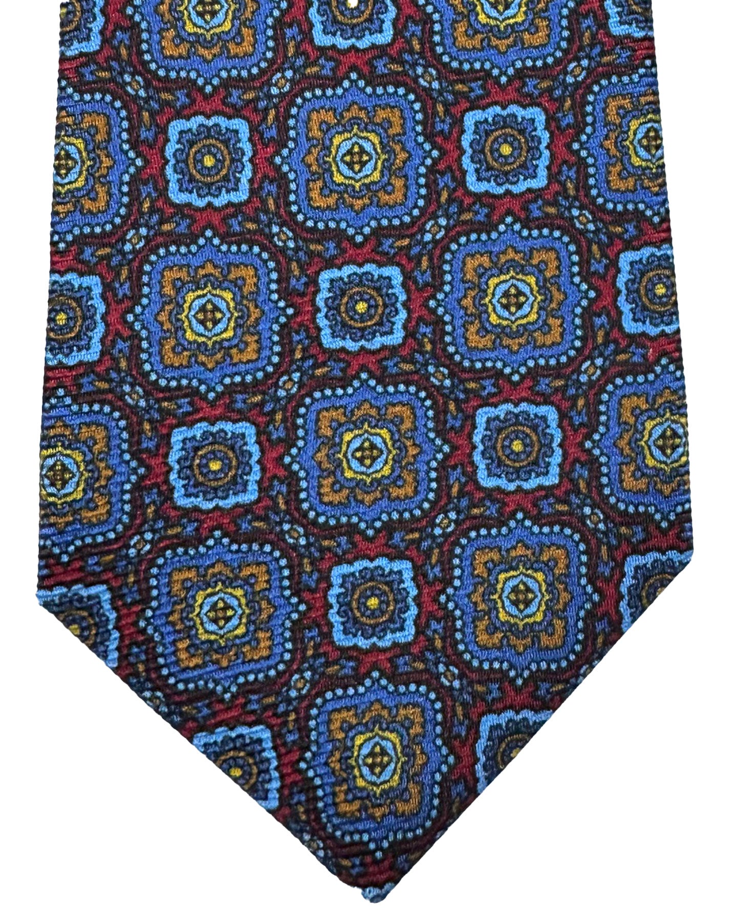 Kiton Sevenfold Tie Maroon Blue Brown Medallion Design