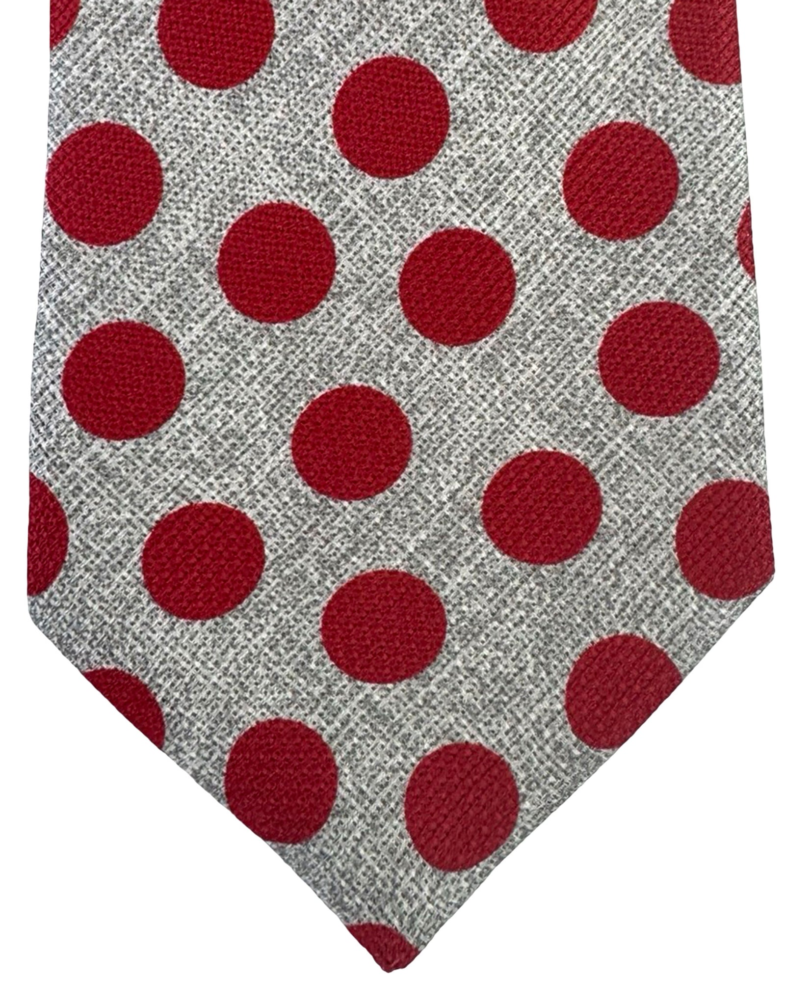 Kiton Sevenfold Tie Gray Red Large Polka Dots