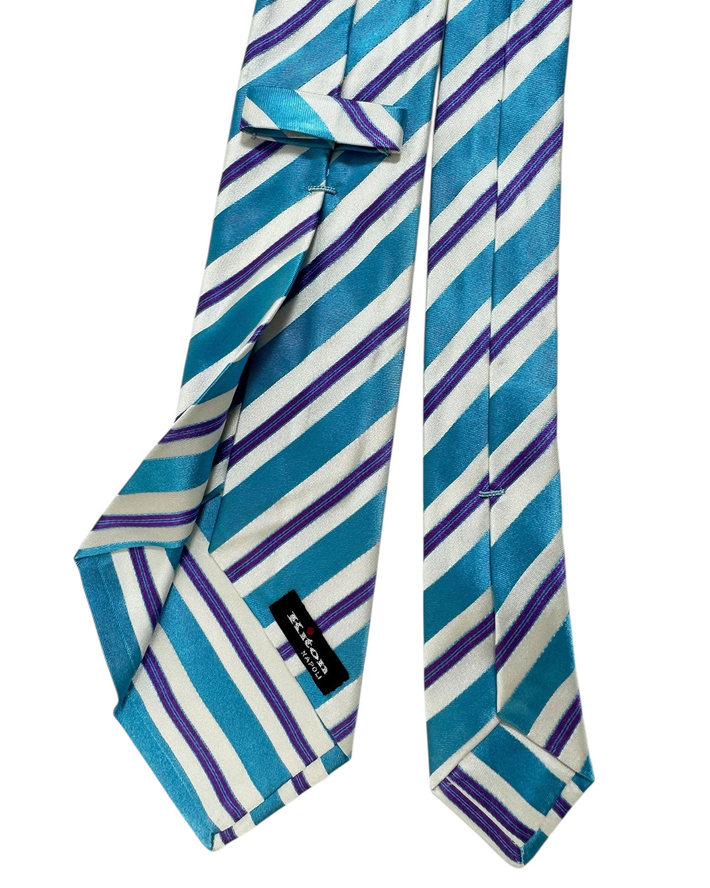 Kiton Sevenfold Tie White Aqua Purple Stripes