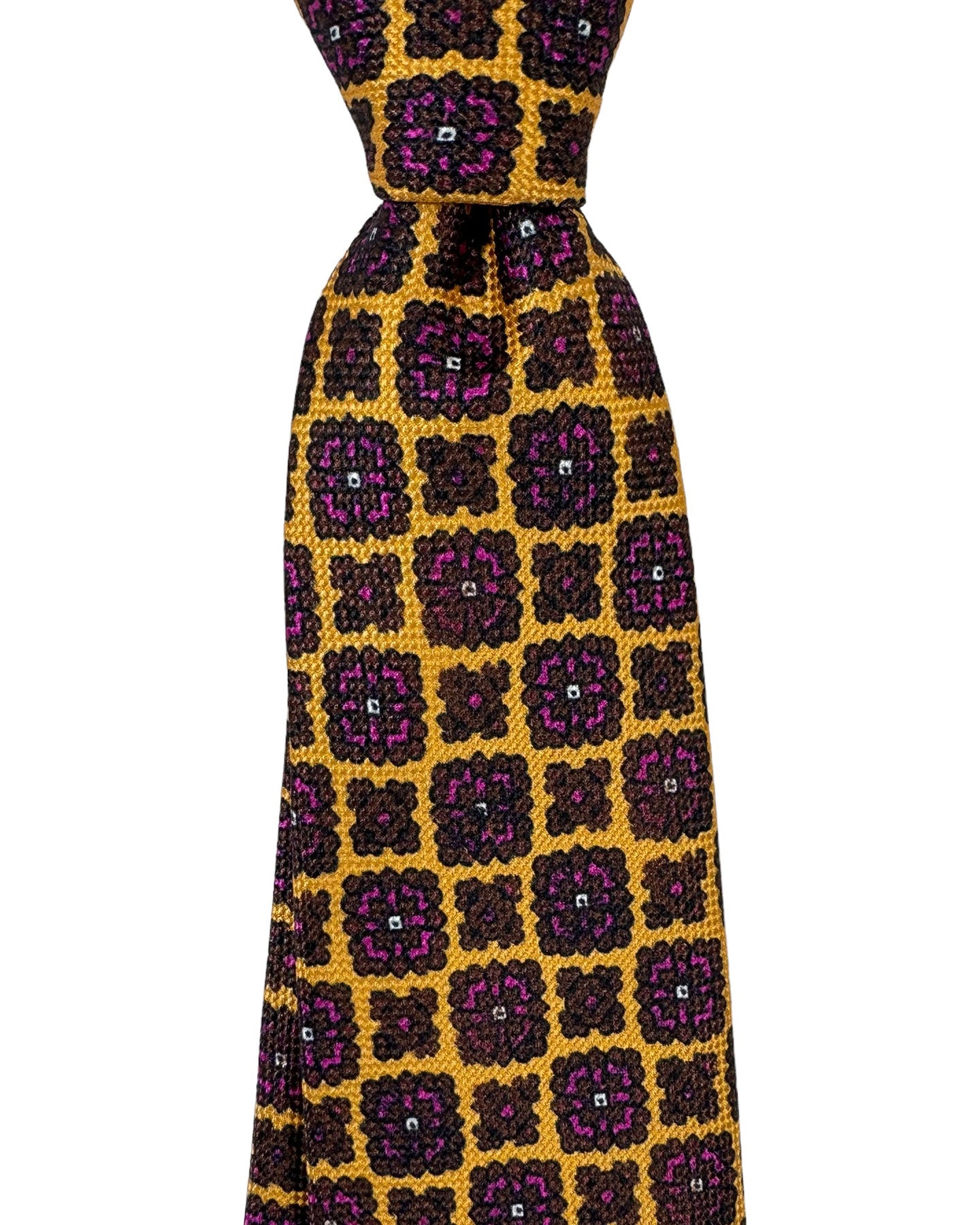 Kiton Tie Olive Brown Magenta Medallion- Luxury Sevenfold Necktie