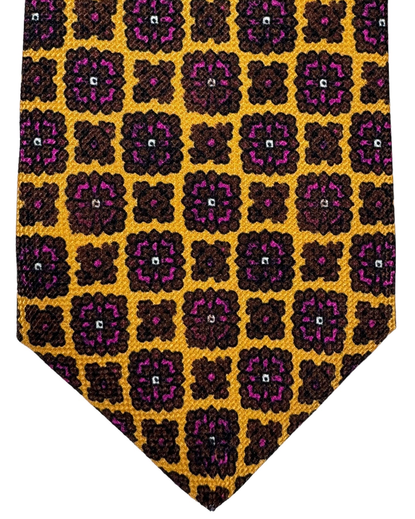 Kiton Tie Olive Brown Magenta Medallion- Luxury Sevenfold Necktie