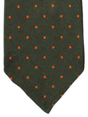 Kiton Tie Forest Green Orange Dots - Unlined Sevenfold Necktie