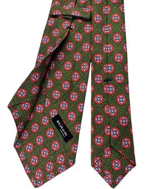 Kiton Sevenfold Tie Forest Green And Red Floral Medallion Pattern