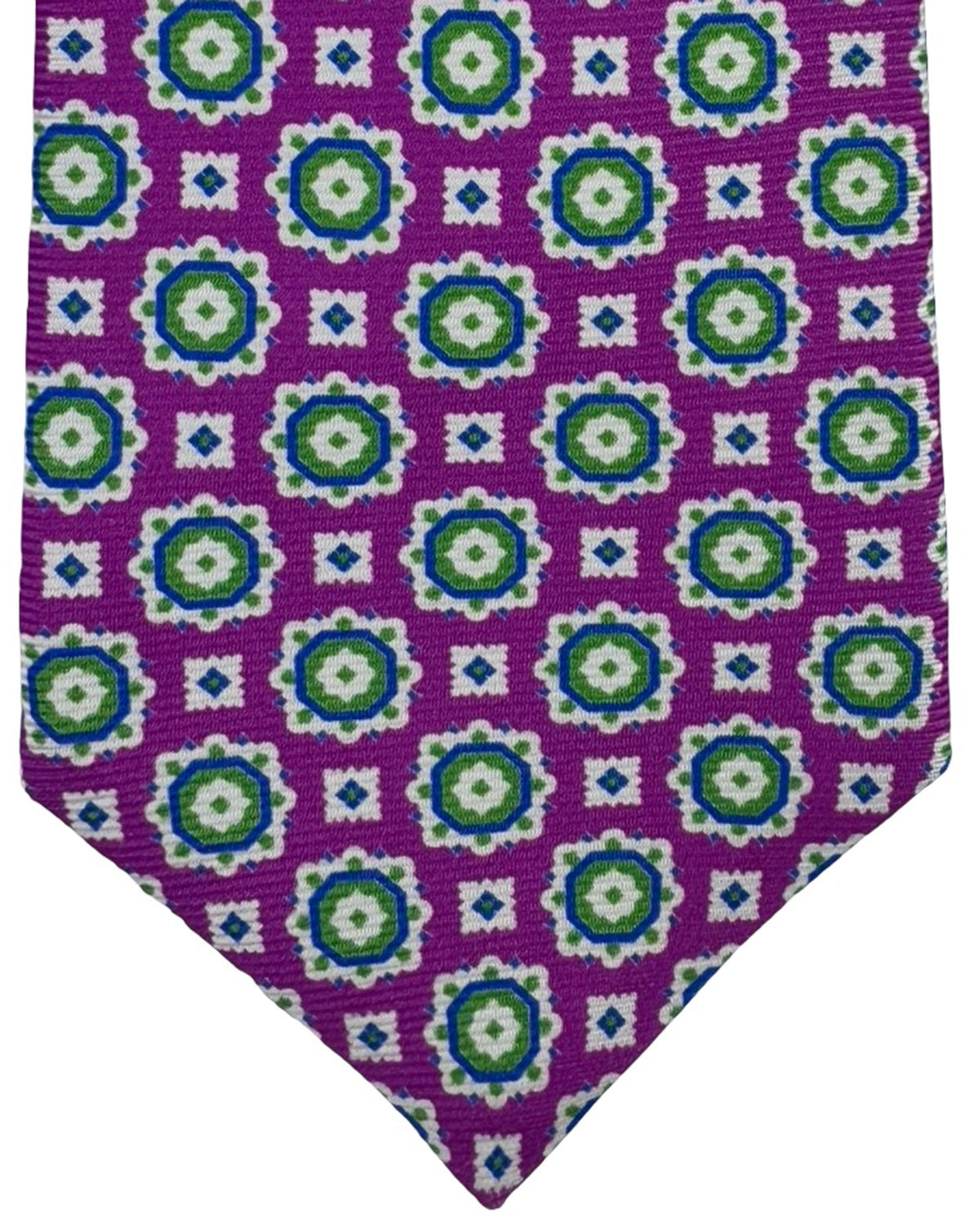 Kiton Sevenfold Tie Purple And Green Geometric Medallion Pattern