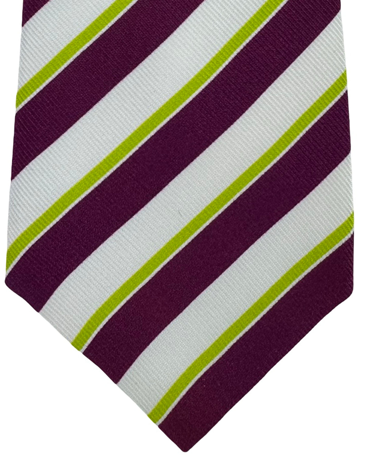 Kiton Sevenfold Tie Burgundy, White And Lime Stripe