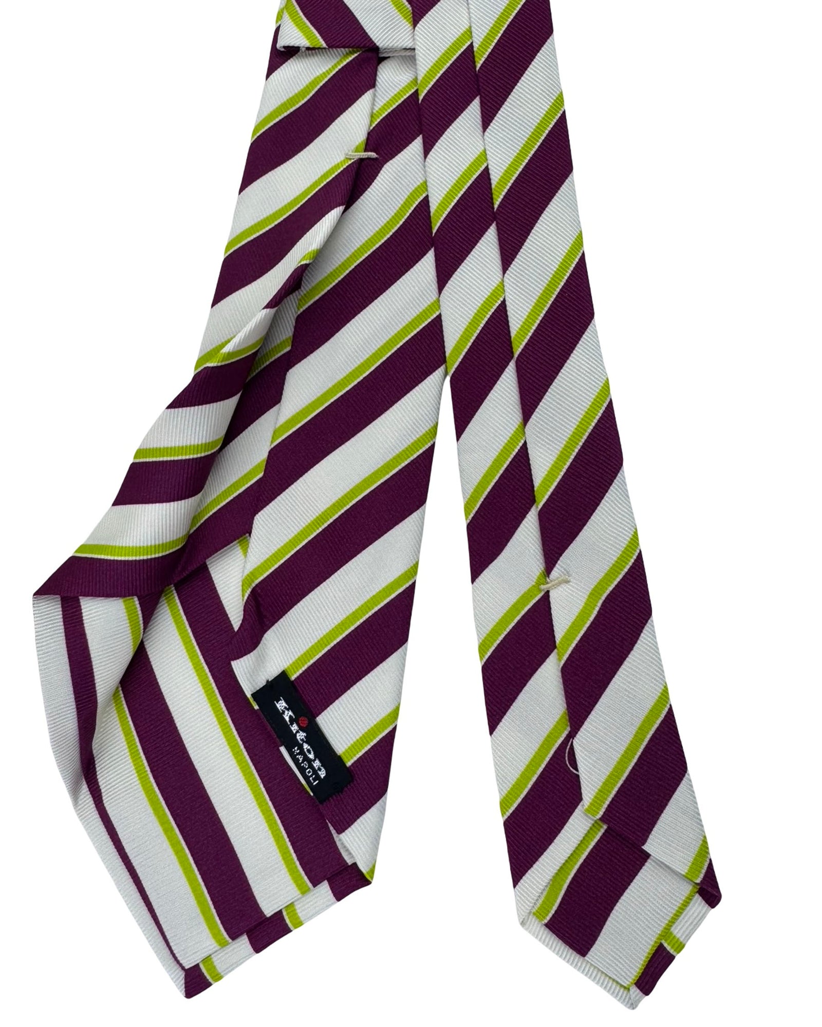 Kiton Sevenfold Tie Burgundy, White And Lime Stripe