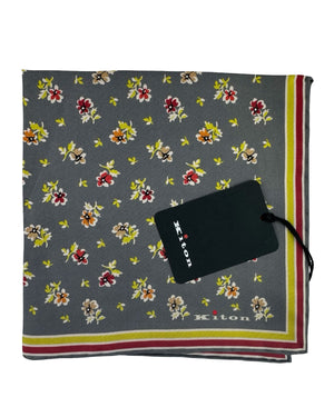 Kiton Silk Pocket Square Gray Floral