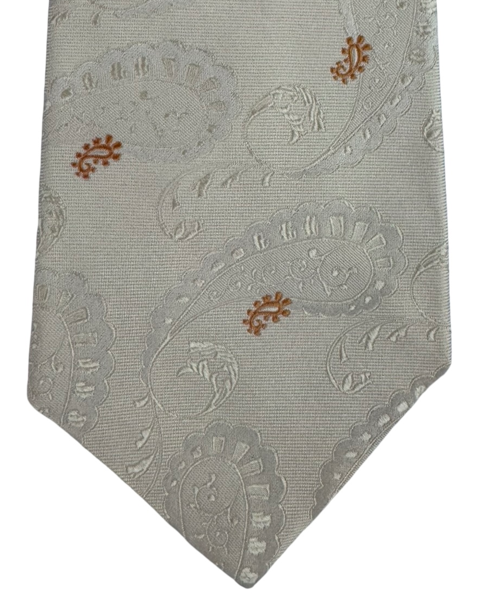 Kiton Sevenfold Silk Tie White Beige Orange Paisley Design