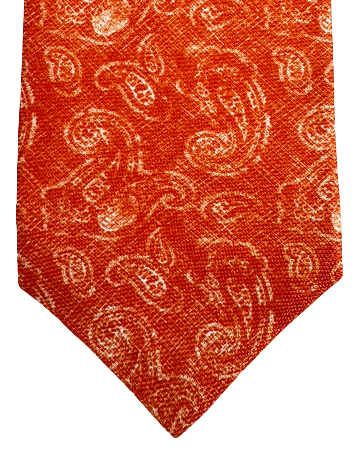Kiton Sevenfold Silk Tie White Orange Paisley Design