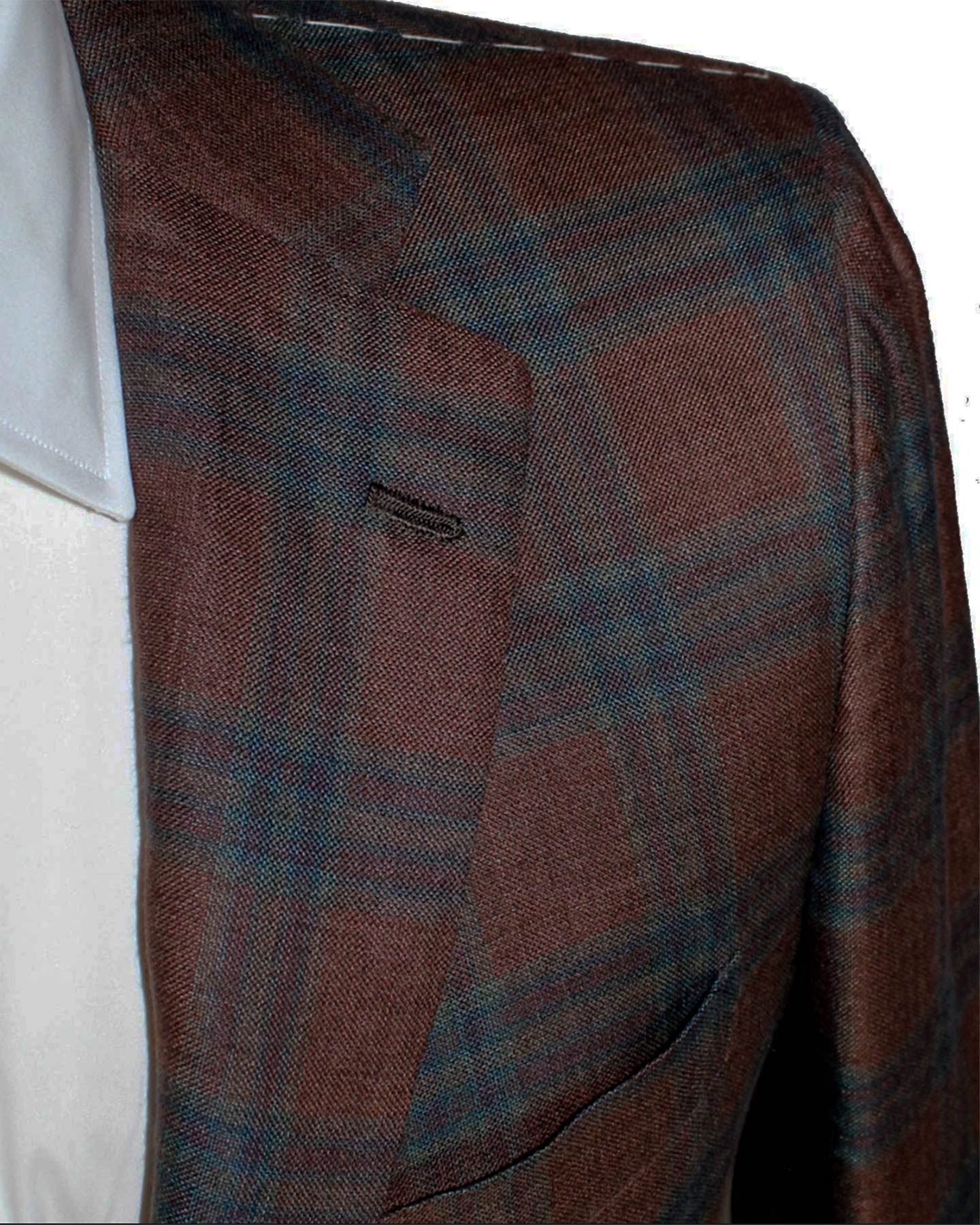 Kiton Sport Coat EU 48 - US 38 R Brown Turquoise Plaid Linen Cashmere Unlined Blazer REDUCED SALE
