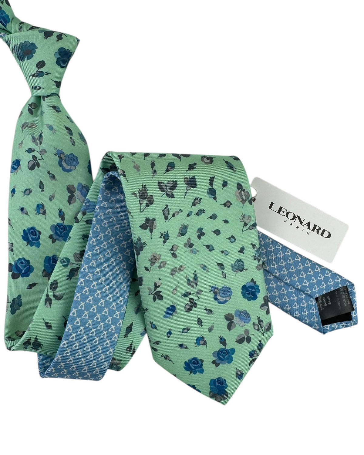 Leonard Paris Silk Tie Mint Green Blue Rose Garden
