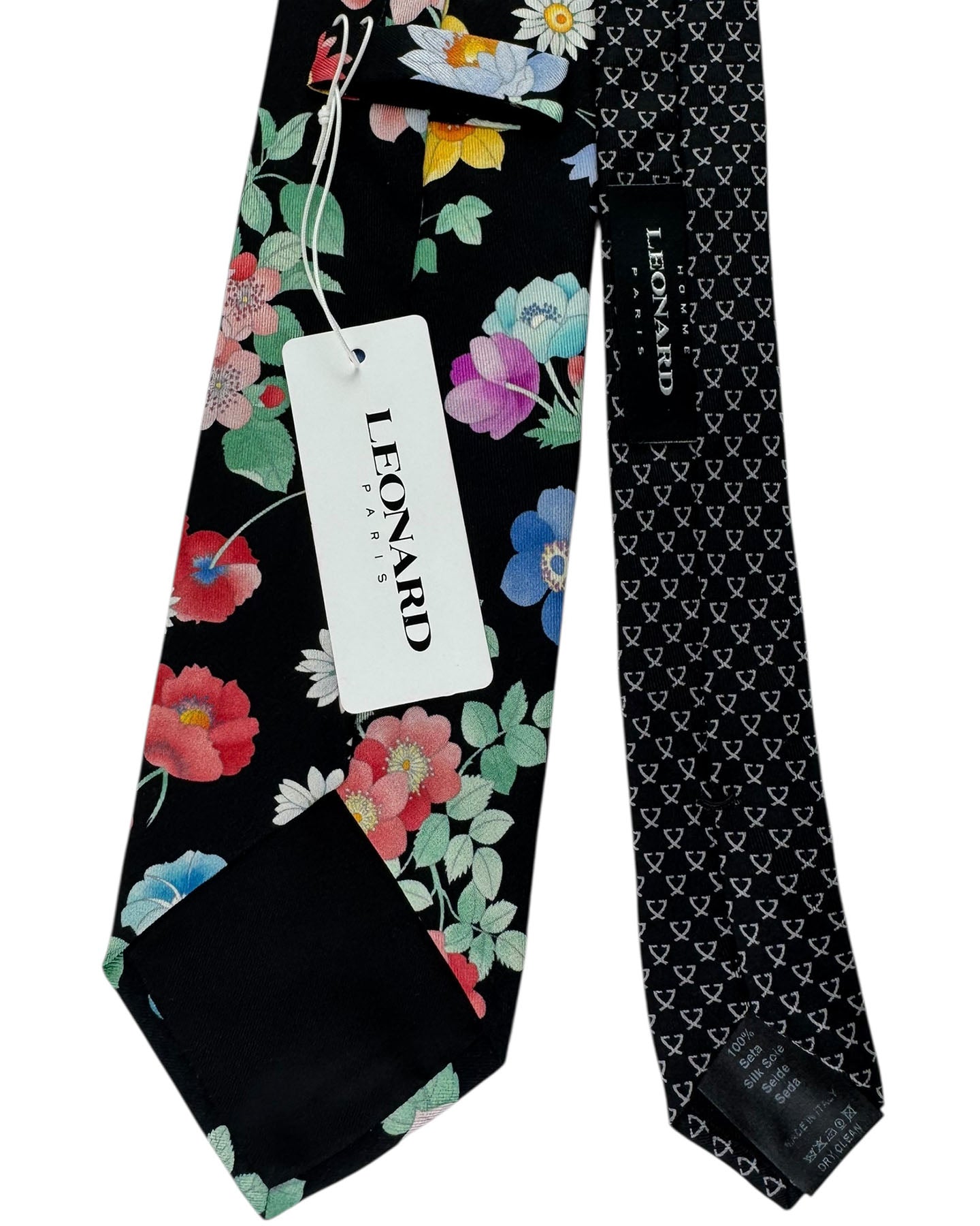 Leonard Paris Silk Tie Black garden Red Blue Pink Flowers