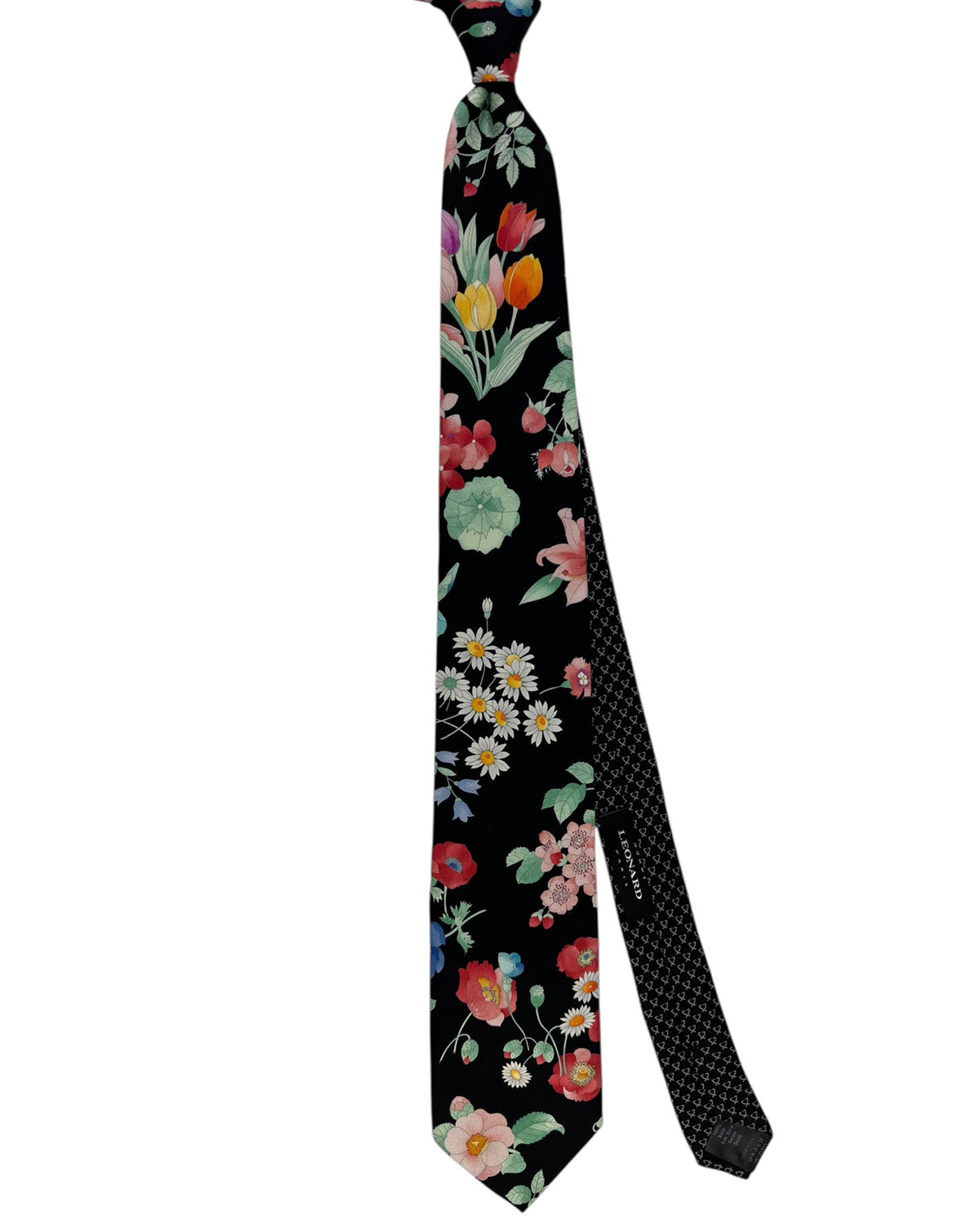 Leonard Paris Silk Tie Black garden Red Blue Pink Flowers