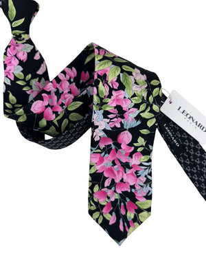 Leonard Paris Silk Tie Black Pink Floral