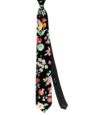 Leonard Paris Tie Black Garden Red Blue Pink Flowers