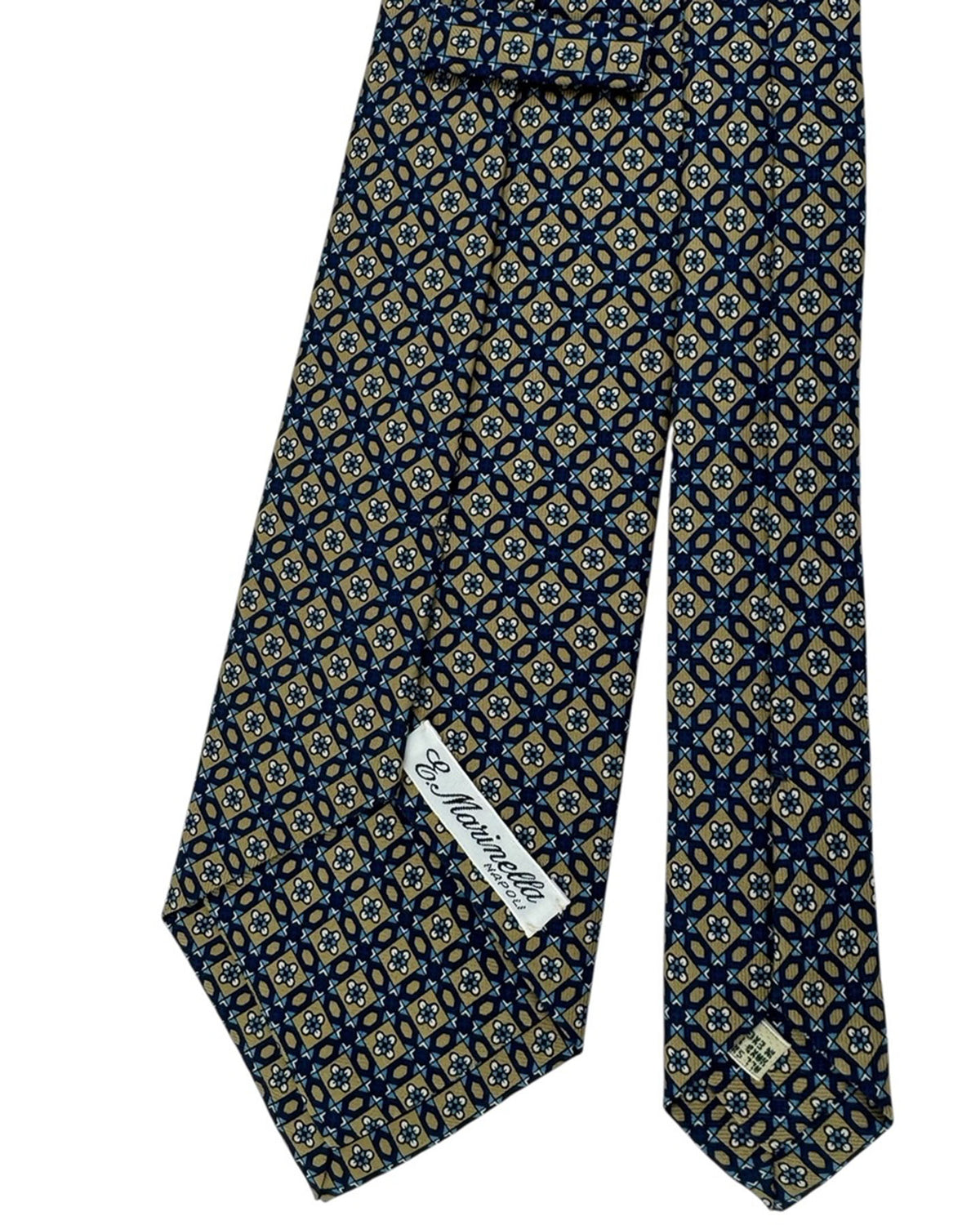 E. Marinella Silk Tie Navy and Tan Tie With Floral Diamond Motif- Wide Necktie