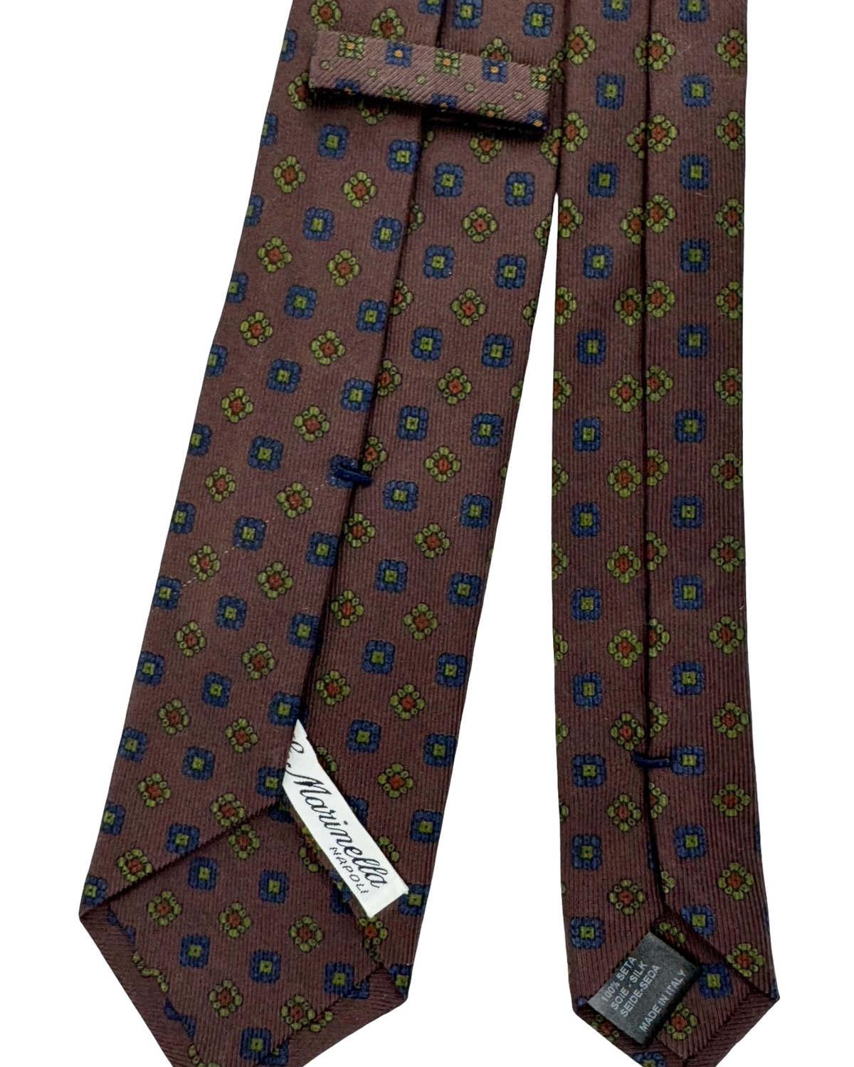 E. Marinella Silk Tie Brown Navy Green Geometric