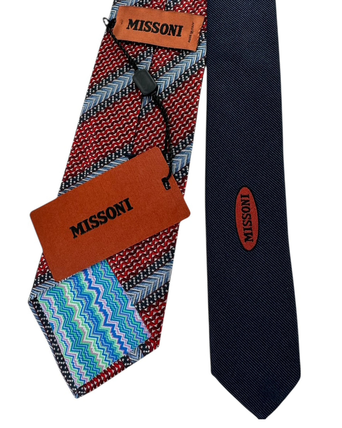 Missoni Tie Red and Blue Geometric Block with Chevron Stripes