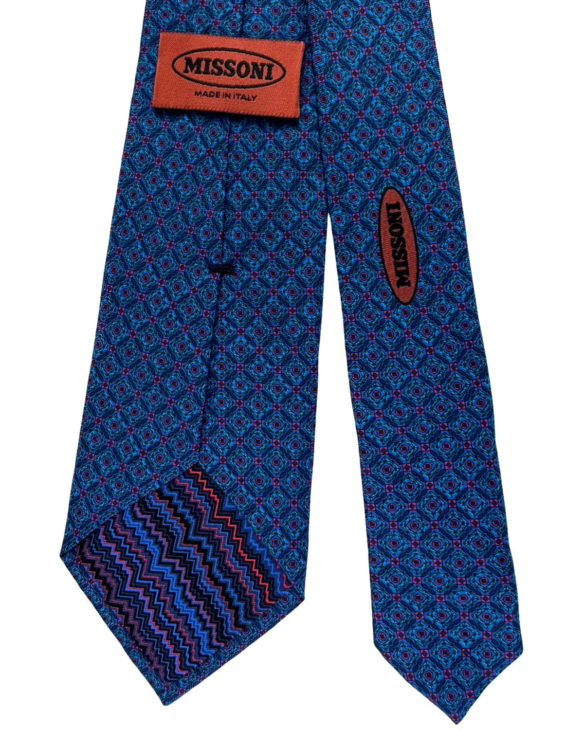 Missoni Silk Tie Blue And Teal Diamond Medallion Pattern