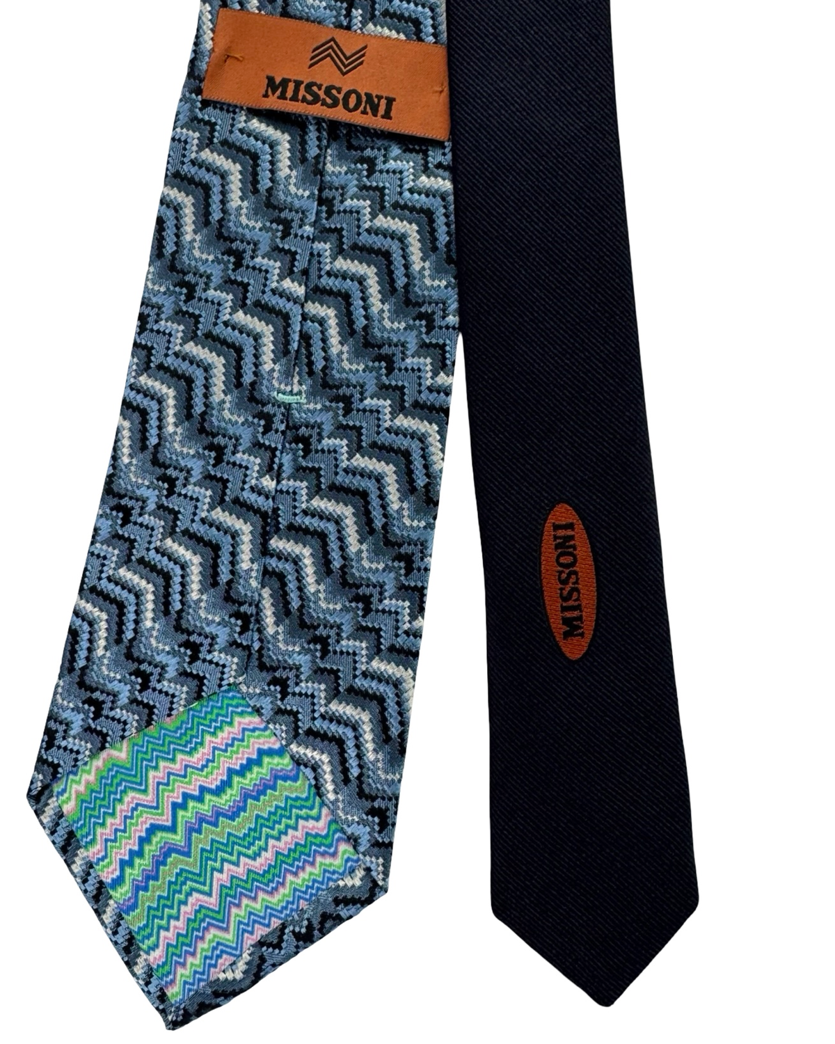 Missoni Silk Tie Metal Blue Navy Textured Zig Zag Pattern