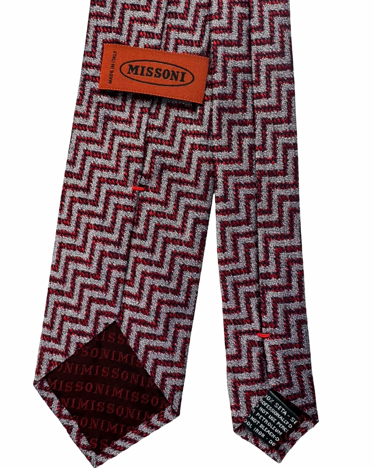 Missoni Silk Tie Bordeaux Black Silver Herringbone Pattern
